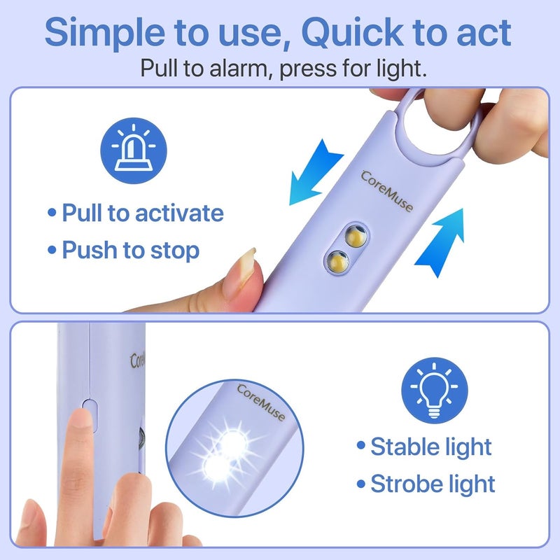 CoreMuse Personal Safety Alarm for Women – Panic Button 130dB Siren with Dual LED Strobe Flashlight, Rechargeable Self Defense Keychain for Night Walking, Campus, Travel Gifts for Women (Violet) - Image 5